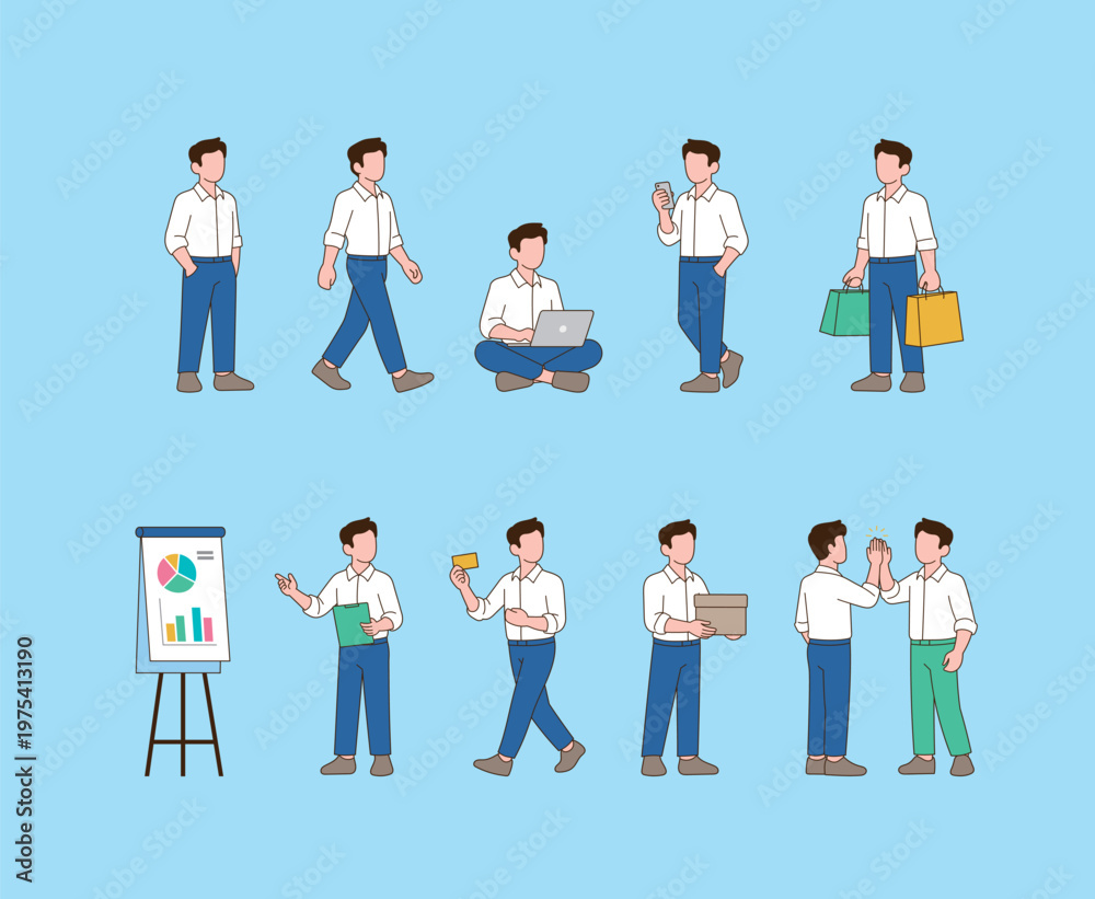 Obraz premium Business Man Character Set with Various Poses, Office Worker Flat Vector Illustration Collection