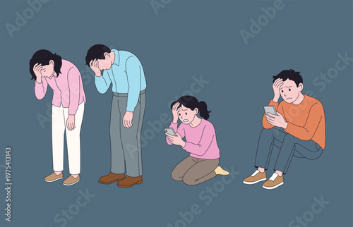 Group of depressed people in despair, sorrow, and sadness on dark background