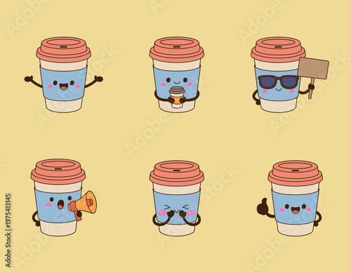 Cute Takeaway Coffee Character Set with Various Poses, Flat Vector Icon Collection