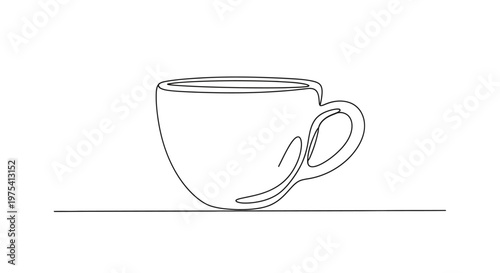 Minimalist single line drawing of a coffee cup on a white background.