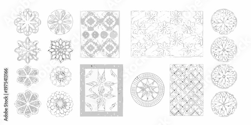 Collection of grayscale floral and geometric patterned circular and rectangular designs