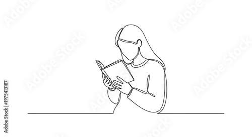 Minimalist line art of a woman reading a book, elegant and simple illustration