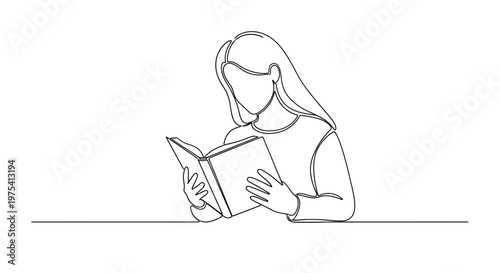 Continuous line drawing of a woman reading a book, minimalist art, education, knowledge, focus