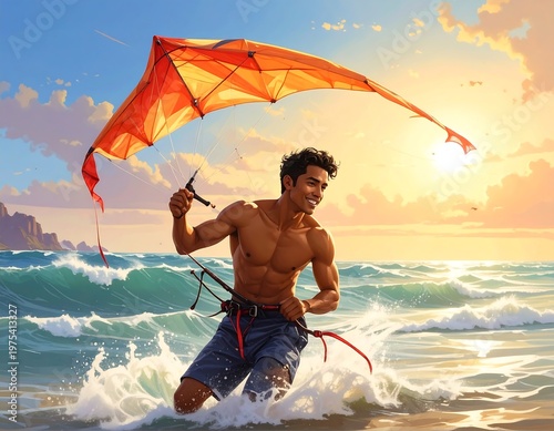 A man enjoys kite surfing in the ocean at sunset