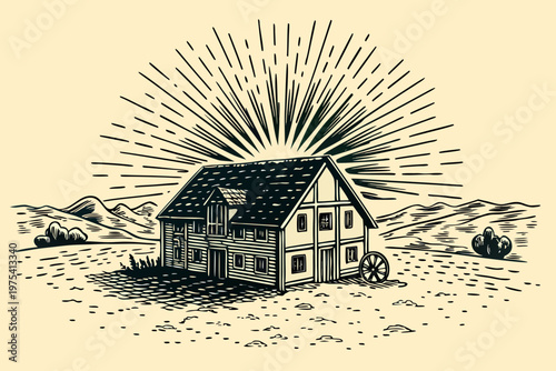 Vintage illustration of a rustic farmhouse with a sunburst above