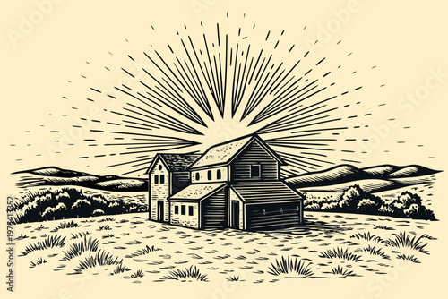 Vintage illustration of a farmhouse beneath radiating sunlight and rolling hills