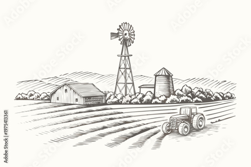 Vintage farm landscape with windmill tractor and cultivated fields