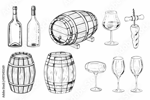 Sketch of wine bottles barrels glasses and a corkscrew arrangement