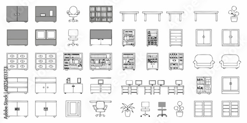 Collection of furniture outlines cabinets tables chairs and bookshelves