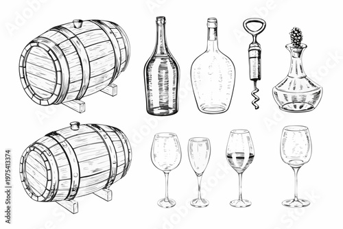 Vintage wine collection featuring barrels bottles glasses and tools