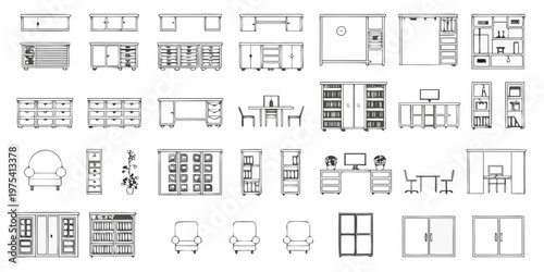 Collection of hand drawn furniture outlines desks cabinets and storage