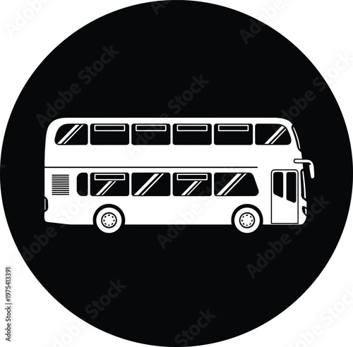Minimalist double decker bus icon inside black circle frame for public transport service interface.