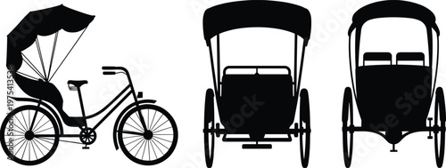 Rickshaw silhouettes, cycle rickshaw icons, passenger transport, urban mobility, traditional vehicle, vector illustration, black silhouettes, design elements, transport figures, street