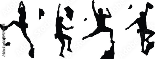 Rock climbing silhouettes, bouldering poses, outdoor adventure sport, athletic movement, fitness activity, dynamic climbers, mountain challenge, extreme sport illustration, isolated background