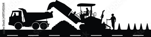 Road construction silhouette, dump truck unloading, paving machine working, construction worker directing, traffic cones safety zone, infrastructure development, transportation industry illustration 