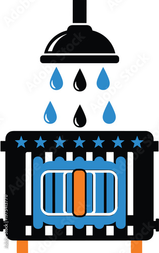 Modern water heating system with shower and radiator displaying hot and cold drops.