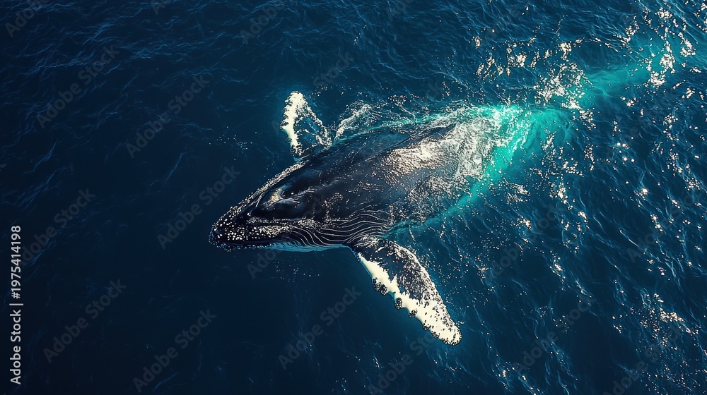 Fototapeta premium Aerial View of Humpback Whale Swimming in Deep Blue Ocean Waters.
