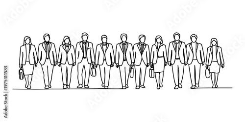 A line illustration of a diverse group of professional business people walking in a straight row Vector, illustration
