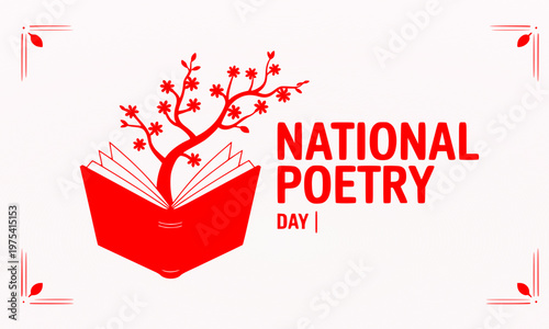 National Poetry Day banner design with open book and artistic tree illustration, celebrating literature, creative writing, and the beauty of poetic expression