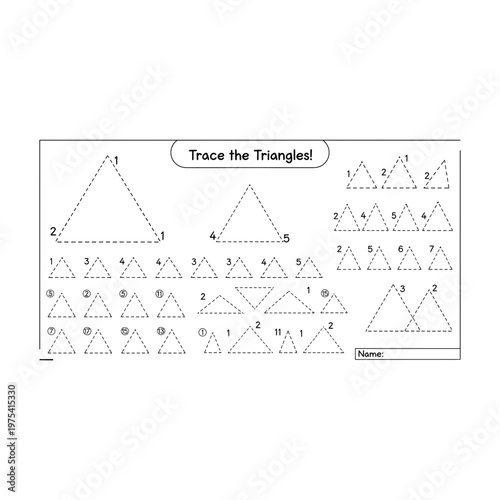 Triangle tracing and drawing educational worksheet for preschool children