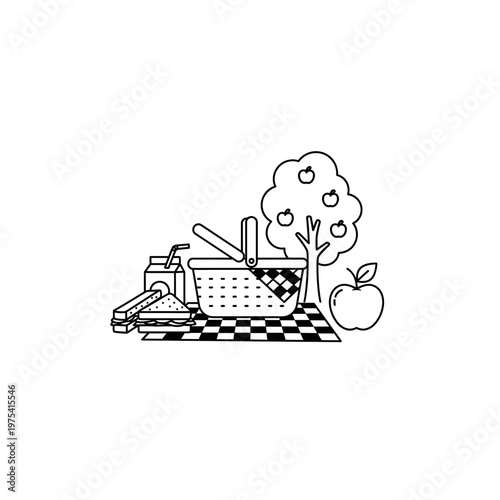 Picnic outdoors scene illustration with basket food and apple tree, outdoors