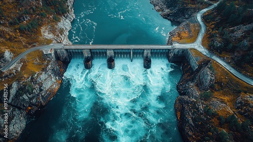 Dynamic Aerial View: Hydroelectric Dam Releasing Vibrant Turquoise Water into Rugged Canyon with Winding Roads