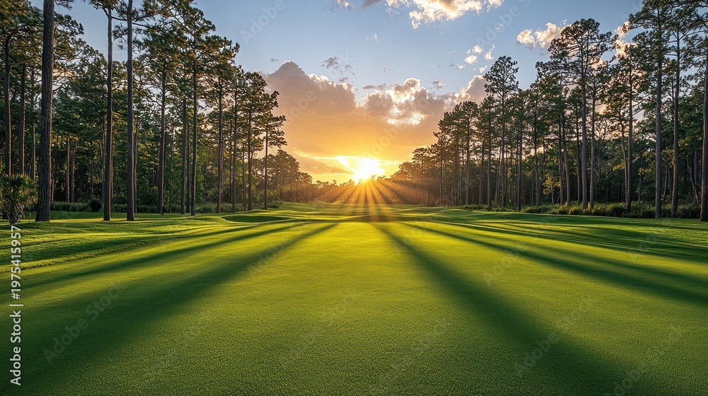 Fototapeta premium Golden Hour Golf: Sunburst on Lush Green Fairway with Towering Pines