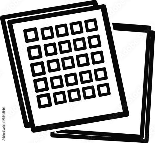 Stack of papers with grid pattern, document pages with squares, office data organization graphic.