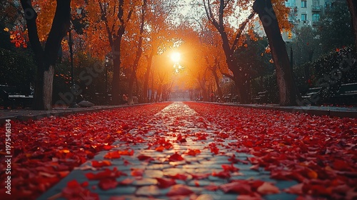 Autumnal Path: Red Leaves and Golden Sunlight in Urban Park