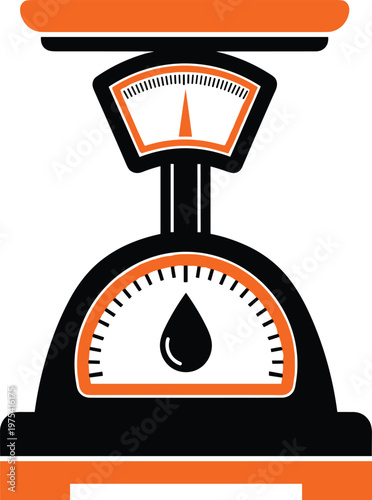 Vintage kitchen scale icon with orange accents and water drop symbol representing liquid measurement.