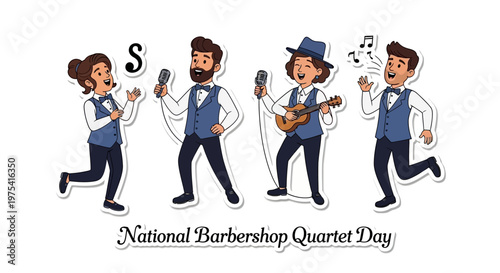 A vector illustration celebrates National Barbershop Quartet Day, depicting four singers in matching vests performing a cappella music with vintage style against a clean white background