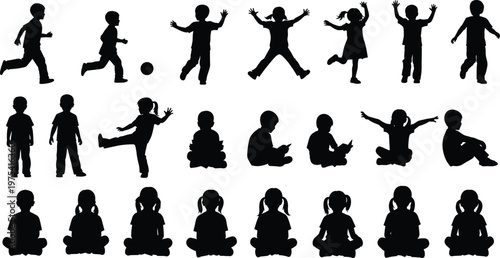 Children silhouette collection showing running, jumping, playing and sitting poses, kids activity set with diverse actions isolated on white background illustration