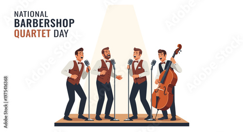 Celebrating National Barbershop Quartet Day, a male vocal quartet sings a cappella into vintage microphones on a small stage with a double bass player, presented in a clean, brightly lit