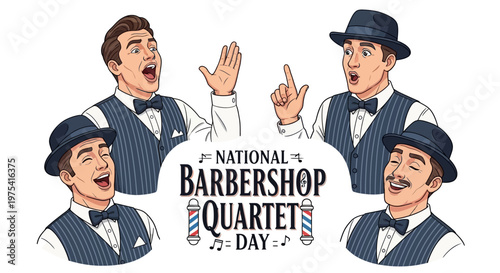 On National Barbershop Quartet Day, a vector illustration showcases a male vocal quartet singing a cappella in harmony, presented with vintage music style concept and classic barbershop