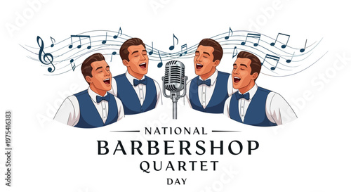 A vector illustration celebrating National Barbershop Quartet Day features a male vocal quartet harmonizing a cappella around a vintage microphone, with musical notes floating above them