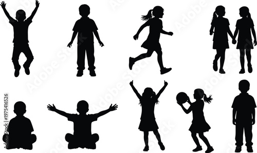 Children silhouette collection with jumping, running, sitting and playing ball, happy kids activity set isolated on white background illustration