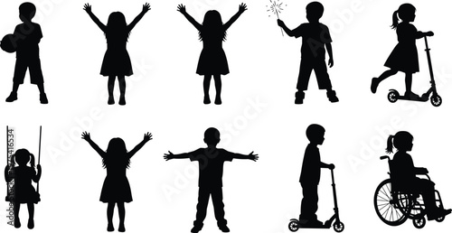 Children silhouette collection with scooter riding, swing, sparkler and playful poses, kids activity set isolated on white background illustration