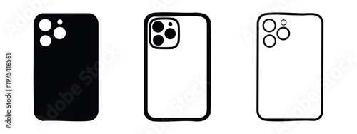 Smartphone back view icons: solid black, outline with camera, outline without camera