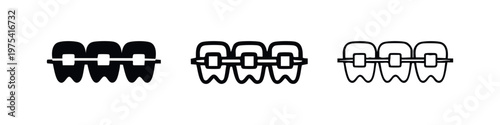 Orthodontic braces on teeth icon set. Dental care and alignment symbols. Vector illustrations.