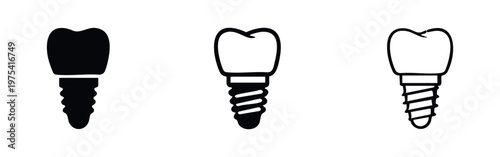 Dental implant icon set. Tooth replacement and stomatology symbols. Vector illustrations.