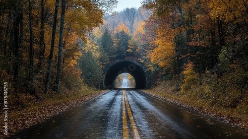 Reflective Autumn Road Leading Through a Dark Tunnel Towards a Bright, Hopeful Exit
