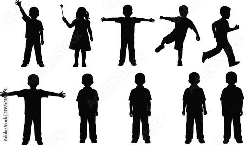 Children silhouette set with different poses, standing, running and playful gestures, kids activity collection isolated on white background illustration