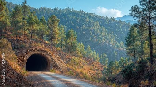 Stone Tunnel Entrance on a Dirt Road Through a Lush Forested Mountain Landscape