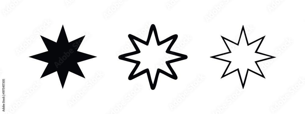 Obraz premium Sharp 8-pointed star sparkle icons in silhouette, bold outline, and minimal line art