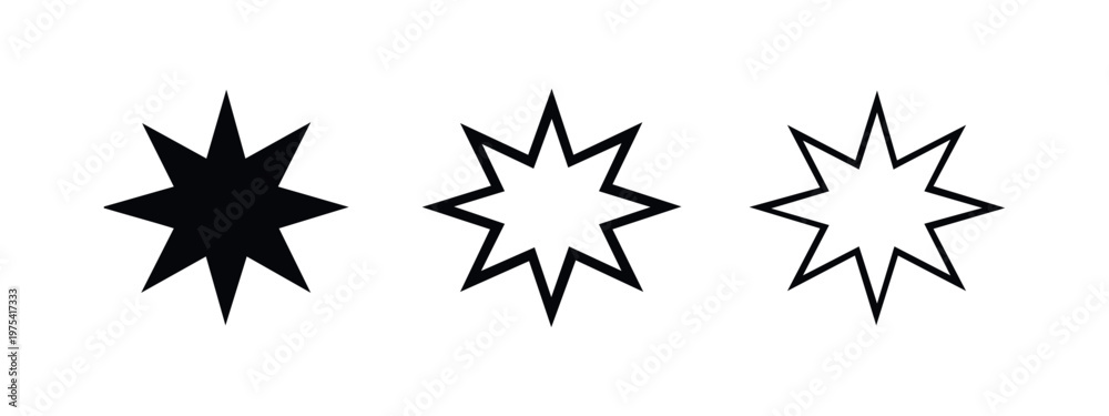 Obraz premium Decorative Eight Pointed Star Sparkle Icon Set in Solid and Outline Versions