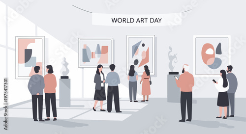 People visiting an art gallery on World Art Day, admiring abstract paintings and sculptures in a modern exhibition space.