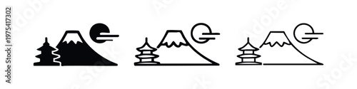 Mount Fuji and Pagoda Japanese Landscape Icon Set in Three Line Styles