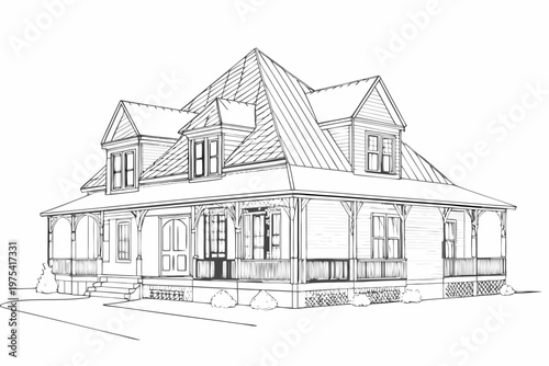 Detailed architectural sketch of a classic victorian style house