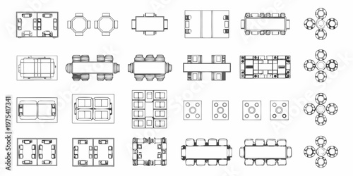 Architectural plan views of various train cars and railway components