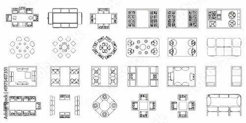 Architectural floor plans tables chairs and room layouts in black and white